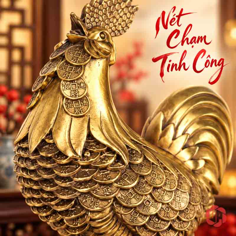 Tượng Con Gà Trống Tài Lộc Bằng Đồng UPD023 Chi tiết cổ và lớp họa tiết tiền trên thân gà trống