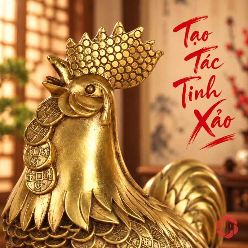 Tượng Con Gà Trống Tài Lộc Bằng Đồng UPD023 Chi tiết gương mặt và mào của gà trống tài lộc