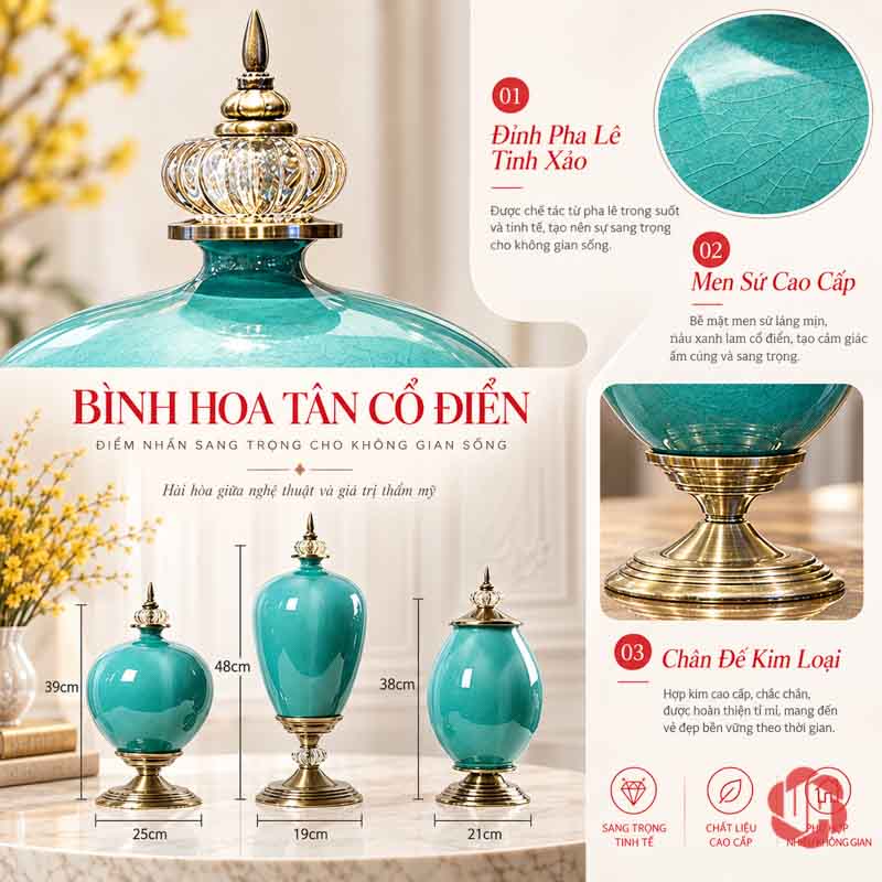 Bộ Lọ Hoa Tân Cổ Điển Xanh Ngọc Men Rạn Cao Cấp UP054A Ảnh giới thiệu chất men rạn và chân đế ánh kim bộ bình hoa tân cổ điển