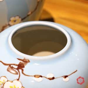 Cận cảnh miệng bình gốm sứ men xanh ngọc cùng phần lòng rỗng và họa tiết cành hoa gần cổ bình.