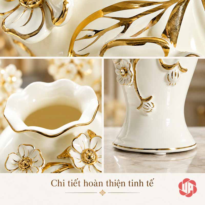 Bình Hoa Gốm Sứ Đắp Nổi Hoa Trắng Vàng Cao Cấp UP065 Ảnh ghép chi tiết miệng bình lượn sóng, họa tiết hoa và chân bình gốm sứ trắng vàng