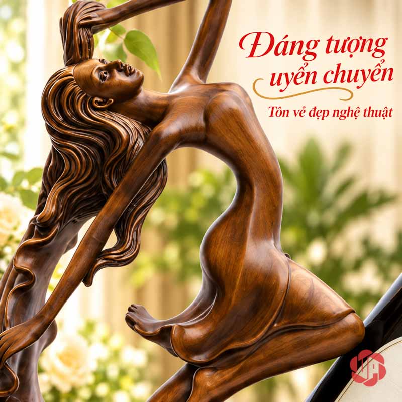 Kệ Rượu Vang Thiếu Nữ Múa Nghệ Thuật Màu Gỗ UP009R Chi tiết phần thân và cánh tay uốn của tượng thiếu nữ trong kệ rượu vang nghệ thuật
