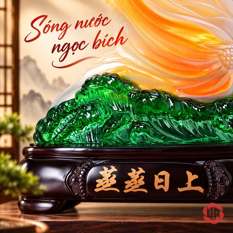 Tượng Trang Trí Phong Thủy Đôi Cá Koi May Mắn UPV081 Chi tiết sóng xanh và đế tối màu của tượng cá Koi