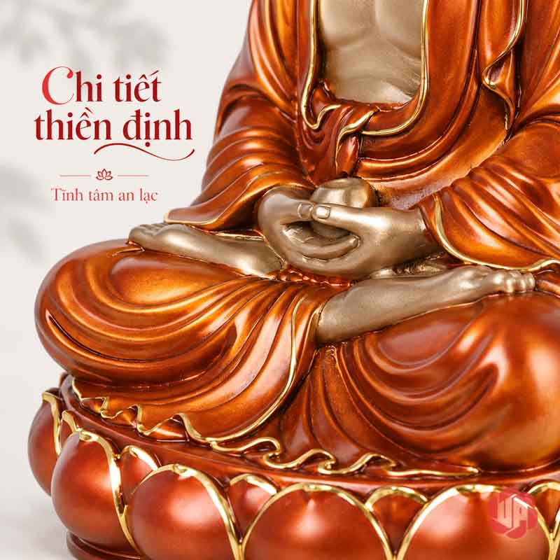 Tượng Phật Tổ Như Lai Ngồi Thiền Sắc Đồng UPD009 Cận cảnh hai bàn tay tượng Phật ngồi thiền trên đài sen đồng đỏ