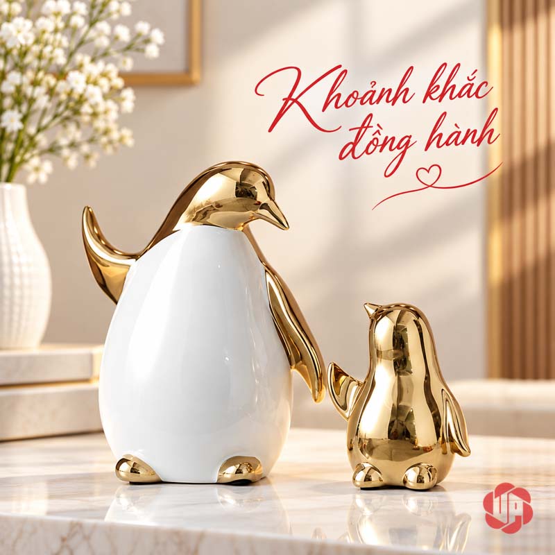 Tượng Decor Gia Đình Chim Cánh Cụt Trắng Vàng UPV080 Chim cánh cụt bố và chim con trên mặt đá sáng