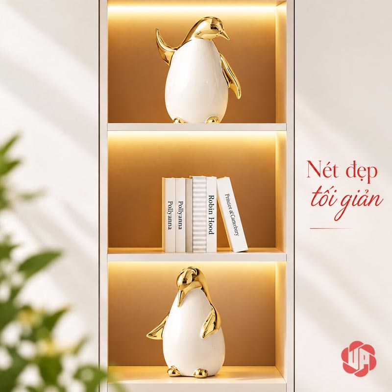 Tượng Decor Gia Đình Chim Cánh Cụt Trắng Vàng UPV080 Chim cánh cụt trắng vàng phối cùng sách trên kệ