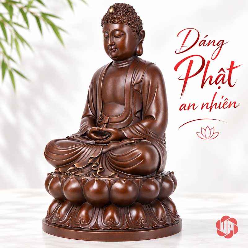 Tượng Phật Thích Ca Mâu Ni Ngồi Thiền Bằng Đồng UPD011 Tượng Phật ngồi thiền trên đài sen nhìn nghiêng trong không gian sáng