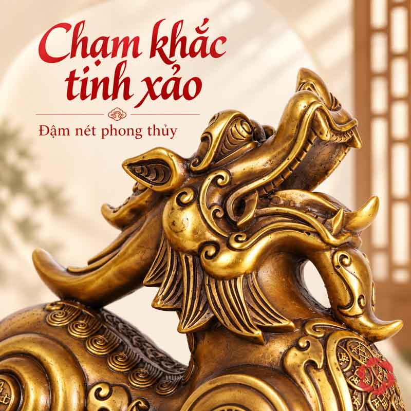 Cặp Tượng Tỳ Hưu Phong Thủy Bằng Đồng UPD002 Cận cảnh đầu tỳ hưu với sừng, miệng há và các đường nét chạm nổi
