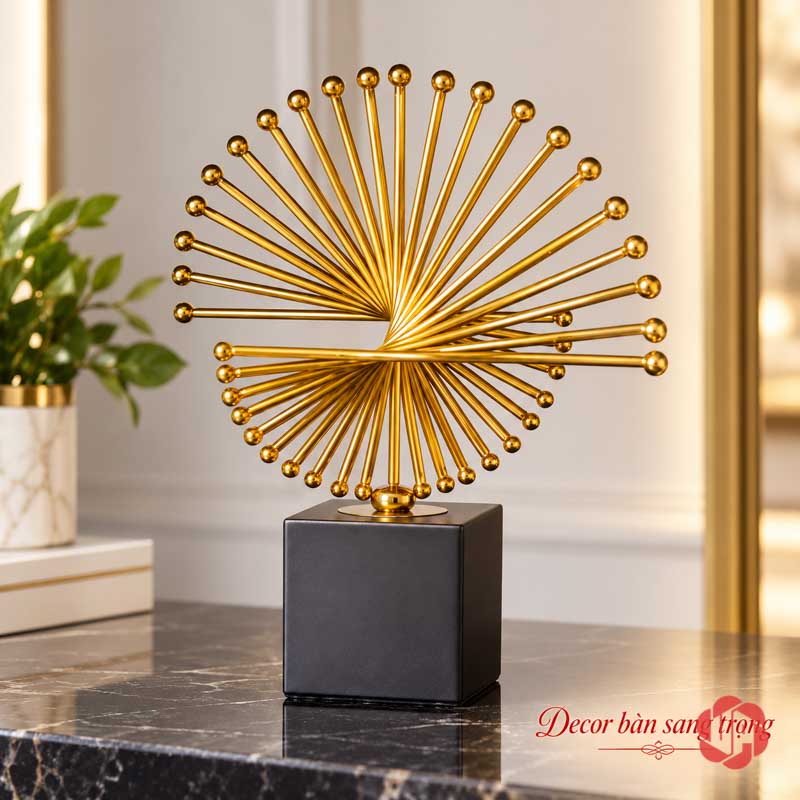 Decor Trang Trí Thời Gian Vàng Nghệ Thuật UPV009 Decor thời gian vàng xòe hai phía trên đế vuông đen