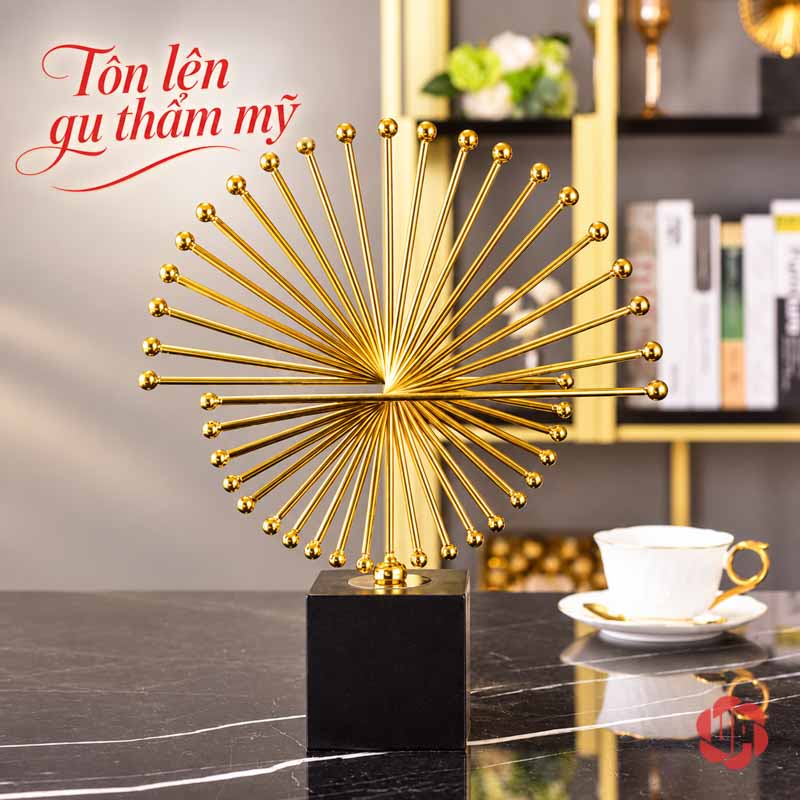 Decor Trang Trí Thời Gian Vàng Nghệ Thuật UPV009 Phần thanh vàng tỏa tròn phía trên chân đế decor thời gian