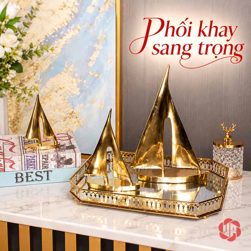 Decor Trang Trí Cánh Buồm Xuôi Gió Bằng Đồng UP053 Decor trang trí cánh buồm xuôi gió phối cùng khay vàng và sách