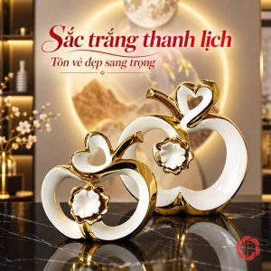 Decor trang trí đôi quả táo trắng đặt lệch trước sau trên bàn đen