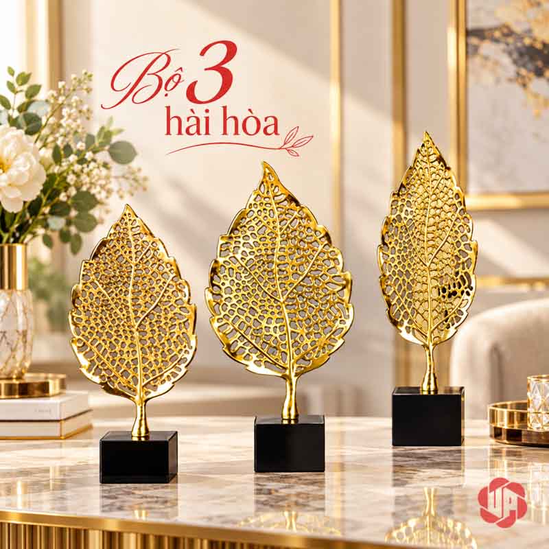 Bộ Lá Bồ Đề Decor Trang Trí Màu Vàng UP077V Decor trang trí lá bồ đề bày thành bộ ba trước nền kem