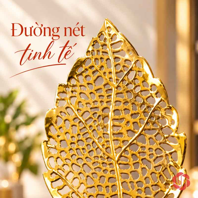 Bộ Lá Bồ Đề Decor Trang Trí Màu Vàng UP077V Decor trang trí lá bồ đề cận cảnh phần ngọn và gân lá rỗng