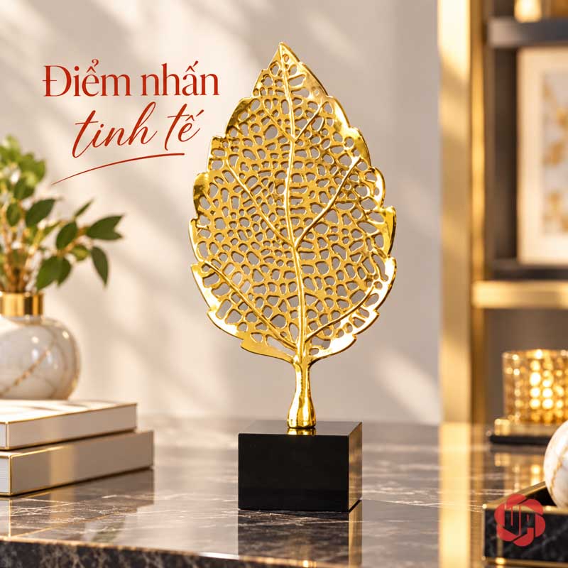 Bộ Lá Bồ Đề Decor Trang Trí Màu Vàng UP077V Decor trang trí lá bồ đề dáng bầu trên bàn vân đá tối