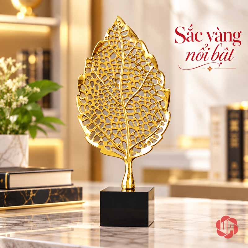 Bộ Lá Bồ Đề Decor Trang Trí Màu Vàng UP077V Decor trang trí lá bồ đề đơn trước kệ có ánh sáng ấm