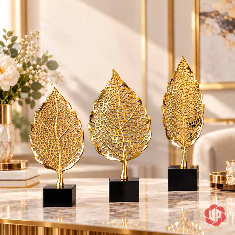 Bộ Lá Bồ Đề Decor Trang Trí Màu Vàng UP077V Decor trang trí lá bồ đề với ba mẫu vàng trên đế đen