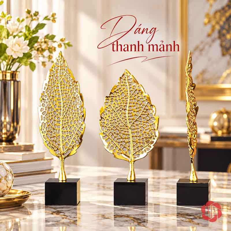 Bộ Lá Bồ Đề Decor Trang Trí Màu Vàng UP077V Decor trang trí lá bồ đề với mẫu cao xoay nghiêng trên bàn