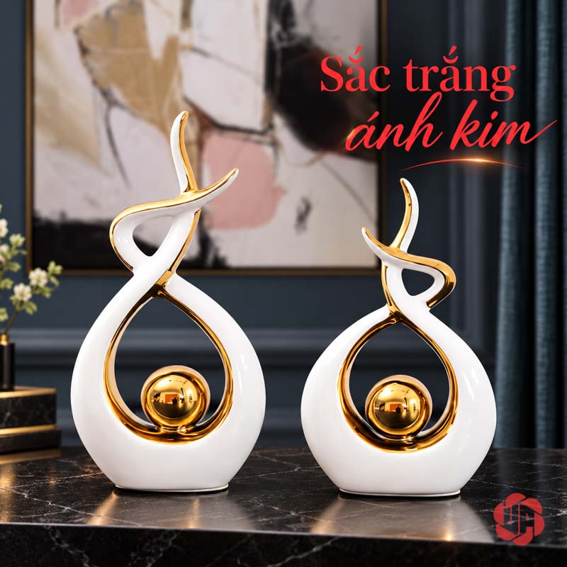 Decor Trang Trí Nghệ Thuật Ôm Cầu Vàng Viền Ánh Kim UP027-XT Decor trang trí nghệ thuật cặp tượng trắng viền vàng trên bàn đen