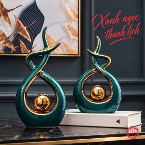 Decor trang trí nghệ thuật cặp tượng xanh viền vàng bên sách