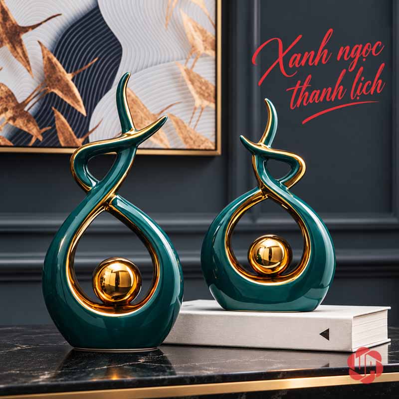 Decor Trang Trí Nghệ Thuật Ôm Cầu Vàng Viền Ánh Kim UP027-XT Decor trang trí nghệ thuật cặp tượng xanh viền vàng bên sách