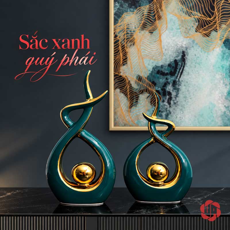 Decor Trang Trí Nghệ Thuật Ôm Cầu Vàng Viền Ánh Kim UP027-XT Decor trang trí nghệ thuật cặp xanh vàng trước tranh xanh