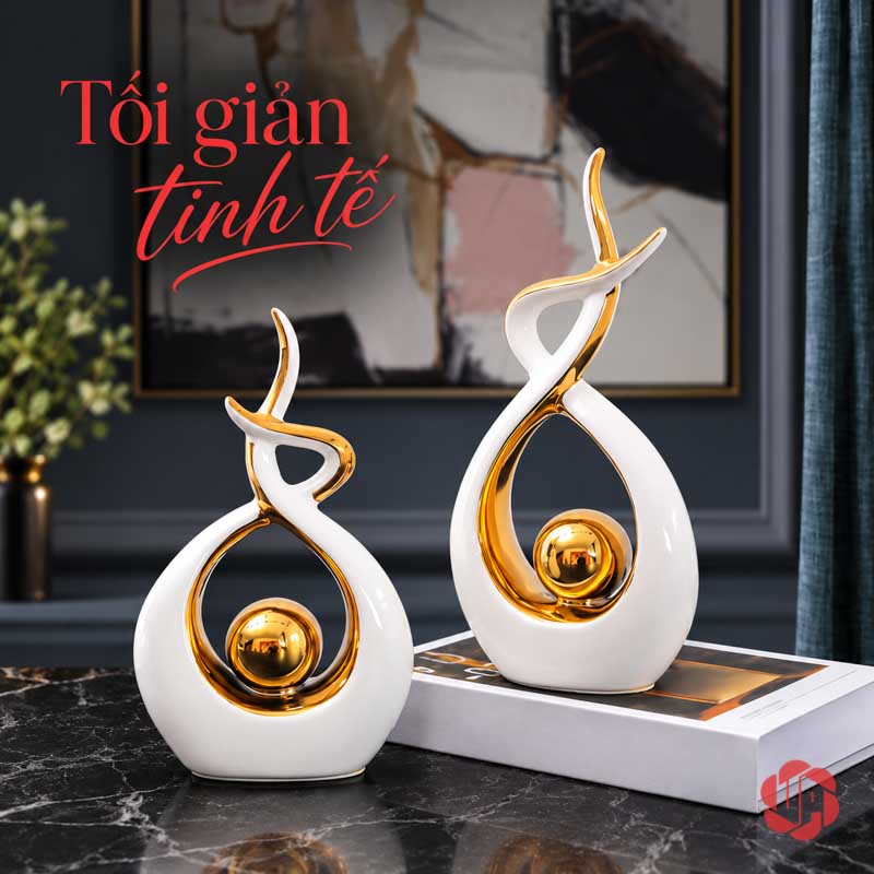 Decor Trang Trí Nghệ Thuật Ôm Cầu Vàng Viền Ánh Kim UP027-XT Decor trang trí nghệ thuật trắng vàng bày lệch cao trên sách