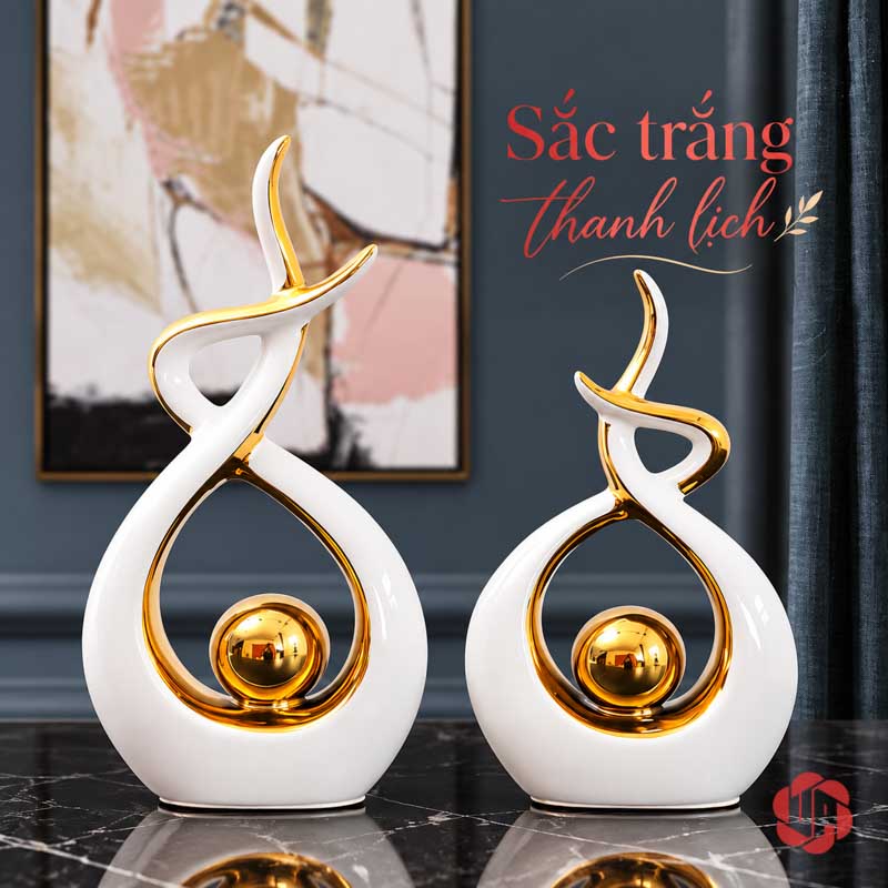 Decor Trang Trí Nghệ Thuật Ôm Cầu Vàng Viền Ánh Kim UP027-XT Decor trang trí nghệ thuật trắng vàng nhìn chính diện