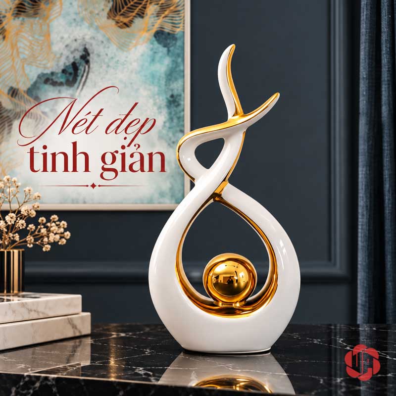 Decor Trang Trí Nghệ Thuật Ôm Cầu Vàng Viền Ánh Kim UP027-XT Decor trang trí nghệ thuật tượng trắng viền vàng cạnh sách