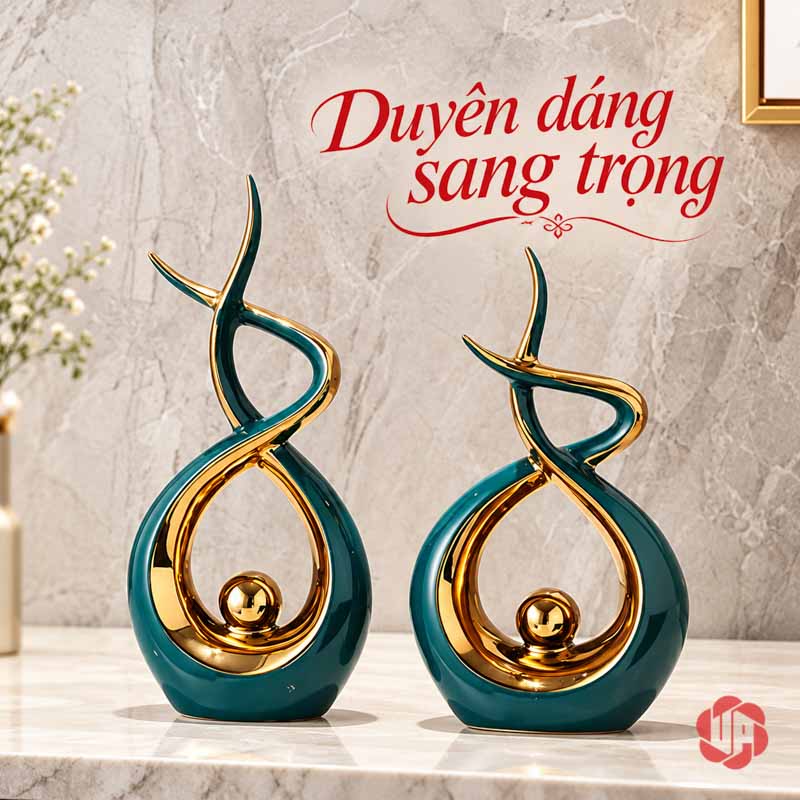 Decor Trang Trí Nghệ Thuật Ôm Cầu Vàng Viền Ánh Kim UP027-XT Decor trang trí nghệ thuật xanh ngọc trên mặt bàn sáng