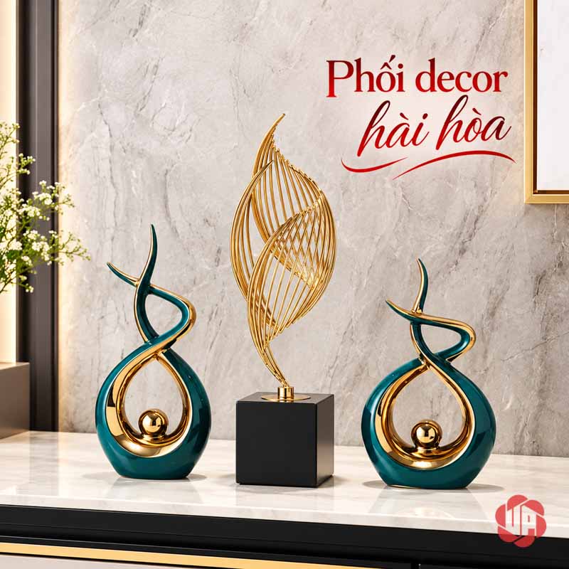Decor Trang Trí Nghệ Thuật Ôm Cầu Vàng Viền Ánh Kim UP027-XT Decor trang trí nghệ thuật xanh vàng phối cùng ngọn lửa thanh mảnh