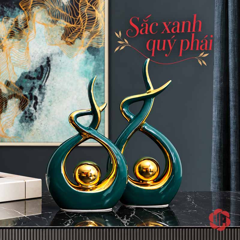 Decor Trang Trí Nghệ Thuật Ôm Cầu Vàng Viền Ánh Kim UP027-XT Decor trang trí nghệ thuật xanh vàng sắp xếp trước sau