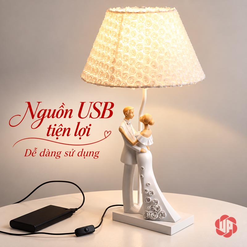 Đèn Ngủ Trang Trí Cô Dâu Chú Rể, Chao Hoa Hồng UPN033 Đèn mẫu ôm nhau với dây nối và bộ nguồn USB màu đen bên cạnh