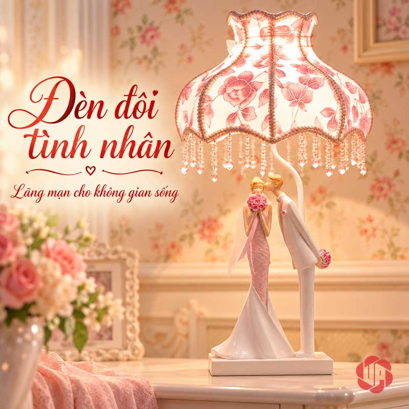 Đèn Ngủ Đẹp Đôi Tình Nhân, Nụ Hôn Ngày Cưới UPN008 Đèn chao hoa hồng với tượng đôi tình nhân nghiêng về nhau phía dưới