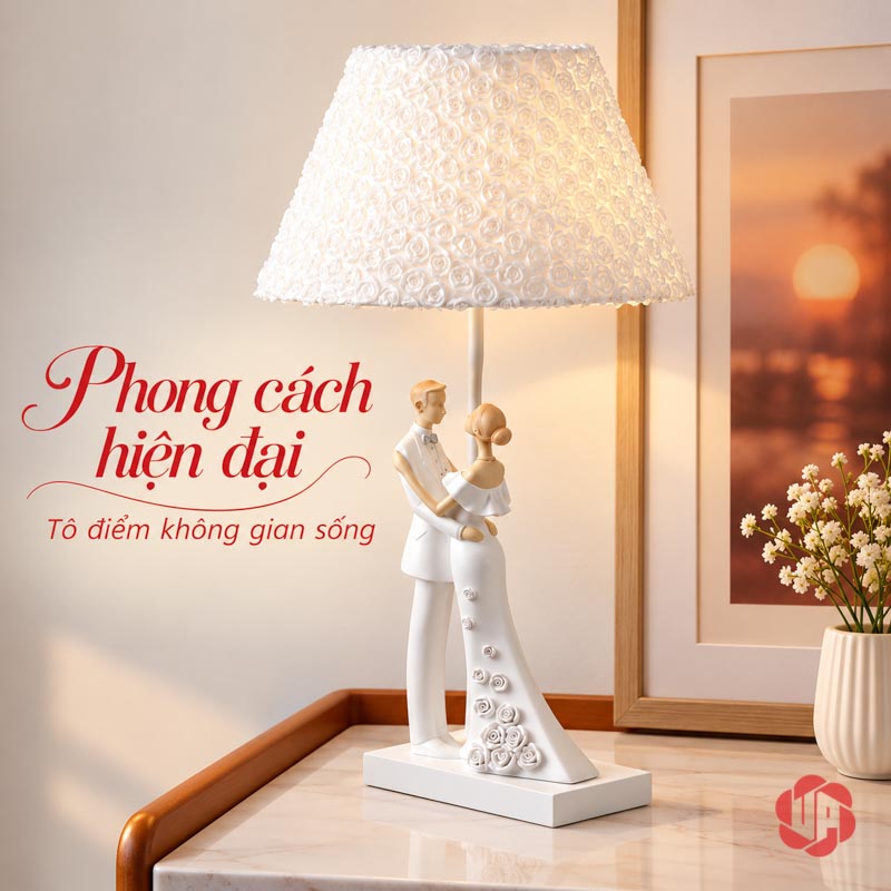 Đèn Ngủ Trang Trí Cô Dâu Chú Rể, Chao Hoa Hồng UPN033 Đèn mẫu ôm nhau trên tủ cạnh hoa và tranh tông ấm