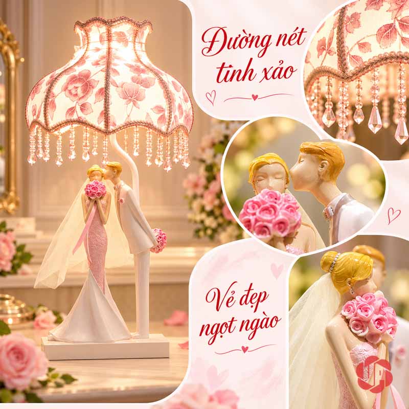 Đèn Ngủ Đẹp Đôi Tình Nhân, Nụ Hôn Ngày Cưới UPN008 Ảnh đèn và các góc cận cô dâu cầm hoa, chú rể phía sau