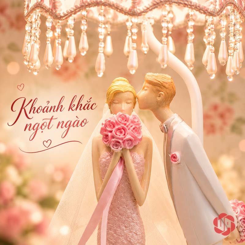 Đèn Ngủ Đẹp Đôi Tình Nhân, Nụ Hôn Ngày Cưới UPN008 Cận chú rể nghiêng về cô dâu cầm bó hoa hồng dưới chao đèn
