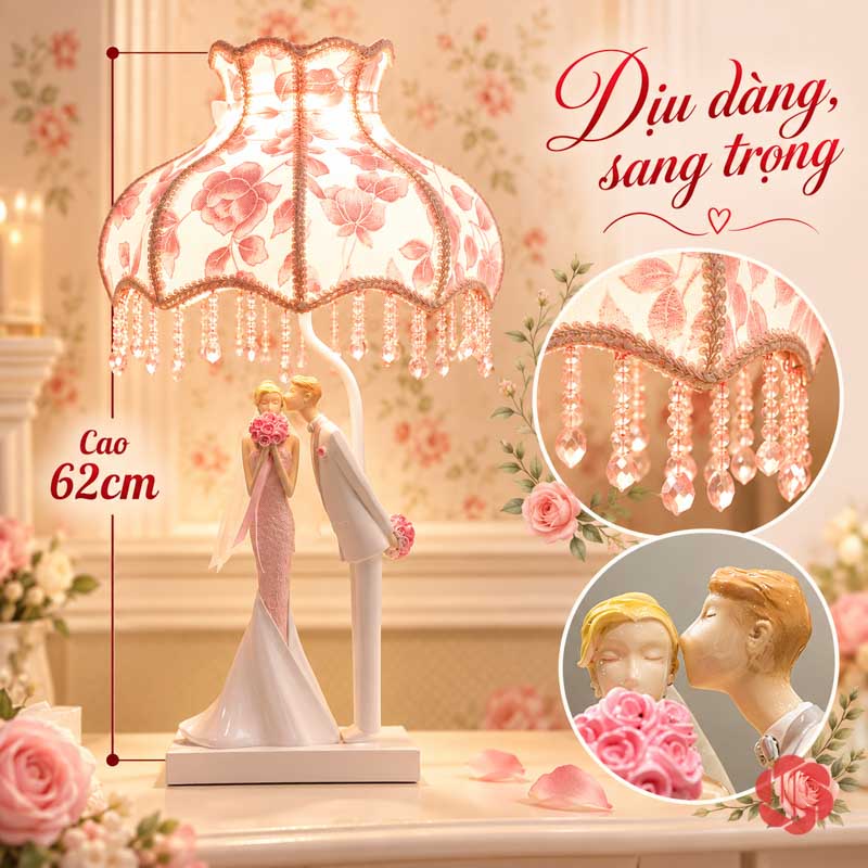 Đèn Ngủ Đẹp Đôi Tình Nhân, Nụ Hôn Ngày Cưới UPN008 Ảnh đèn cao 62 cm với các góc cận hạt rủ và đôi tình nhân