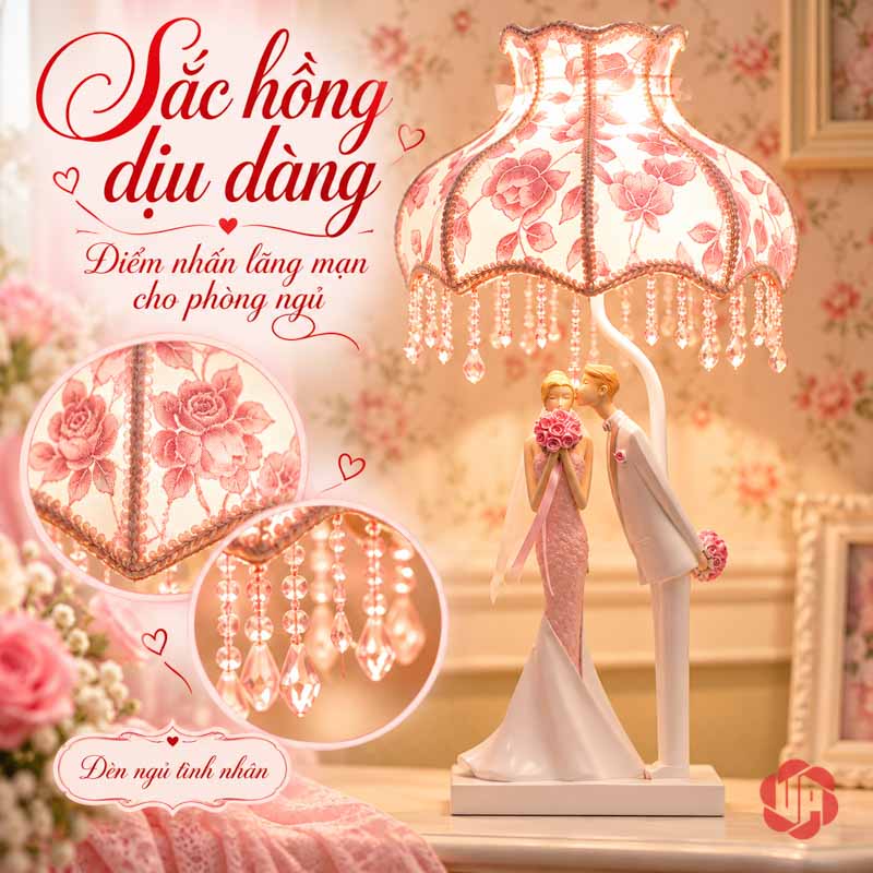 Đèn Ngủ Đẹp Đôi Tình Nhân, Nụ Hôn Ngày Cưới UPN008 Đèn tình nhân kèm góc cận chao hoa hồng và các chuỗi hạt