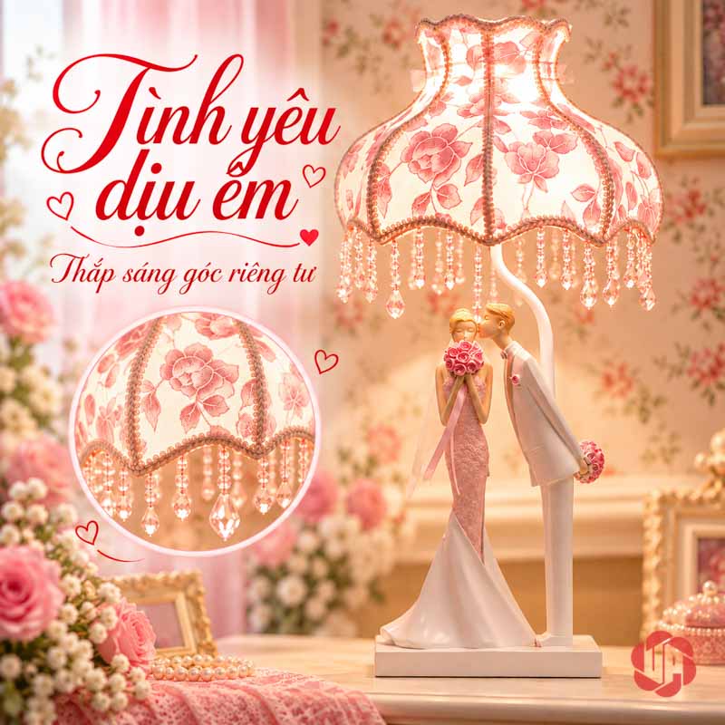 Đèn Ngủ Đẹp Đôi Tình Nhân, Nụ Hôn Ngày Cưới UPN008 Đèn tình nhân trong phòng tông hồng kèm góc phóng to chao hoa