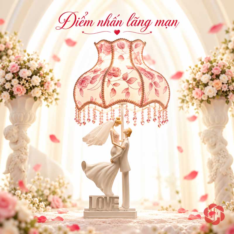 Đèn Ngủ Để Bàn Đôi Tình Nhân, Dáng Bế Cô Dâu UPN007 Đèn dáng bế cô dâu chao hoa hồng bày giữa hoa trang trí