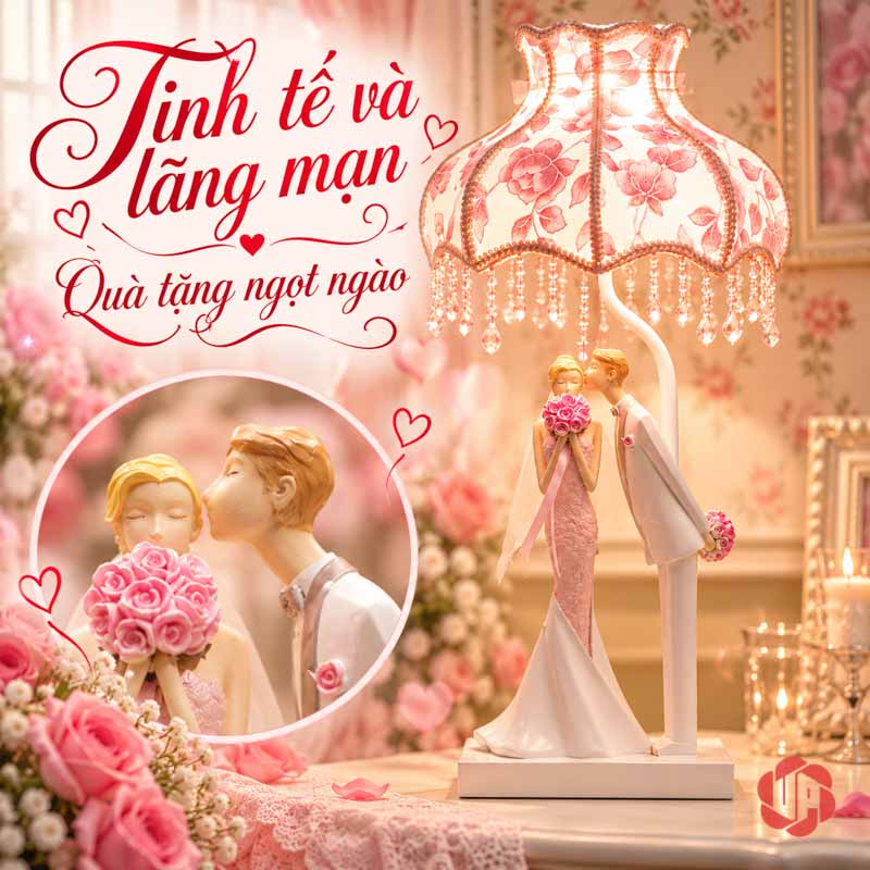 Đèn Ngủ Đẹp Đôi Tình Nhân, Nụ Hôn Ngày Cưới UPN008 Đèn đôi tình nhân kèm góc cận nụ hôn và bó hoa hồng
