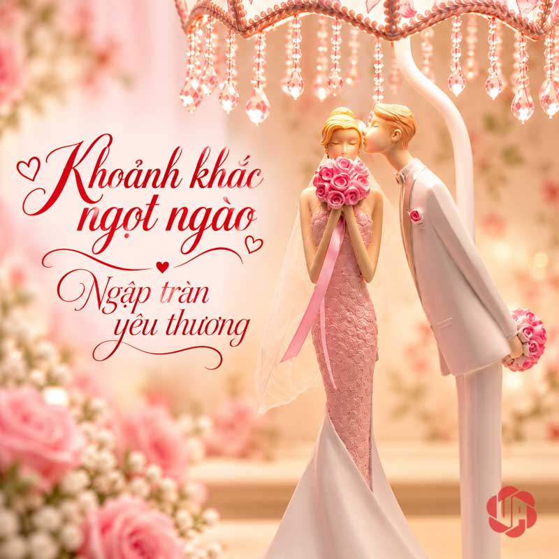 Đèn Ngủ Đẹp Đôi Tình Nhân, Nụ Hôn Ngày Cưới UPN008 Cận đôi tình nhân dáng cao, cô dâu cầm hoa, chú rể nghiêng người