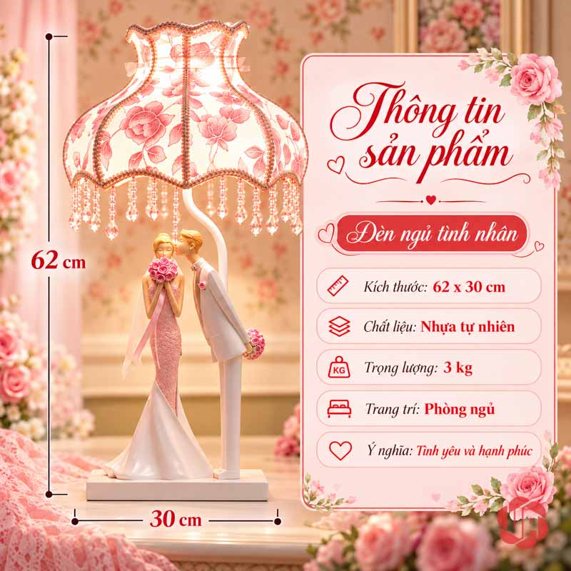 Đèn Ngủ Đẹp Đôi Tình Nhân, Nụ Hôn Ngày Cưới UPN008 Ảnh đèn ngủ ghi cao 62 cm, rộng 30 cm và trọng lượng 3 kg