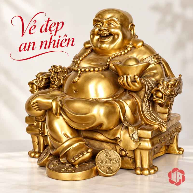 Tượng Phật Di Lặc Bằng Đồng May Mắn UPD068 Tượng Di Lặc màu vàng nhìn chếch, chân đặt phía trước ghế