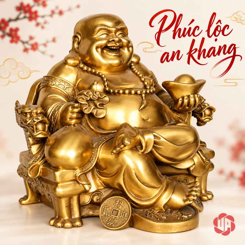 Tượng Phật Di Lặc Bằng Đồng May Mắn UPD068 Tượng Di Lặc nhìn từ trước, phía sau có cành hoa đỏ
