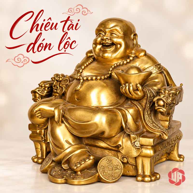 Tượng Phật Di Lặc Bằng Đồng May Mắn UPD068 Tượng Di Lặc nhìn chếch với thỏi vàng trên tay và nếp áo trước thân