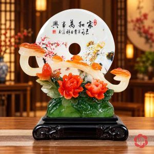 Đĩa phong thủy nổi hoa mẫu đơn đỏ cam và chim trang trí trên chân đế