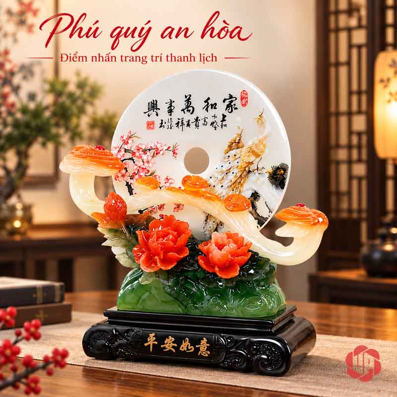 Cặp Bình Hút Lộc Phong Thủy Vàng Xanh Như Ý UP004 Đĩa trang trí hoa mẫu đơn phối màu cam đỏ và xanh