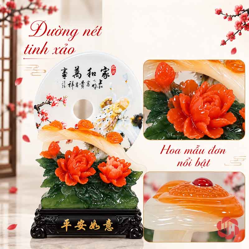 Cặp Bình Hút Lộc Phong Thủy Vàng Xanh Như Ý UP004 Đĩa phong thủy hình hoa mẫu đơn đỏ với chi tiết trang trí